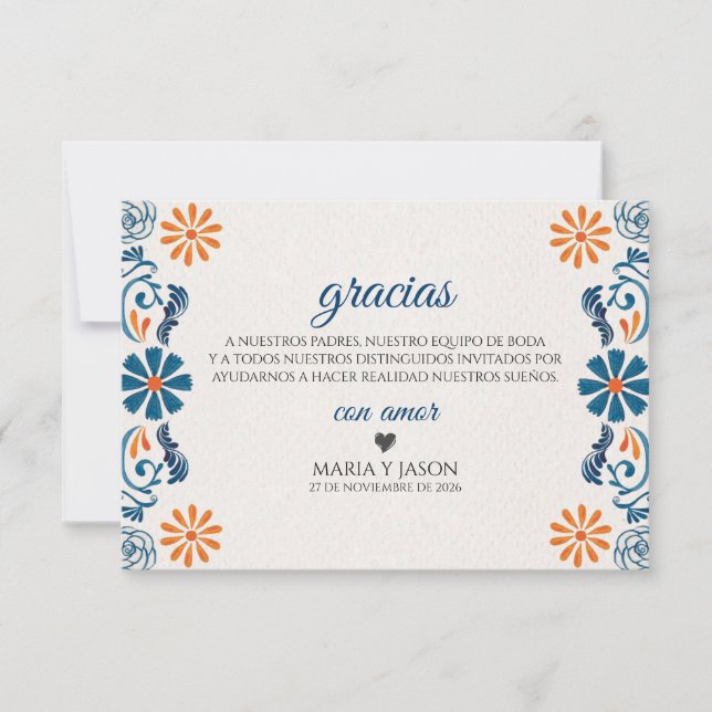 Blue Orange Floral Elegant Fiesta Spanish Wedding Dankeskarte (Vorderseite)