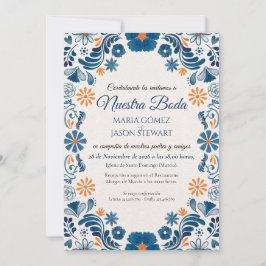 Blue Orange Floral Elegant Fiesta Spanish Wedding Einladung