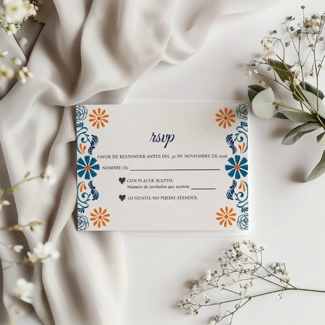 Blue Orange Floral Elegant Fiesta Spanish Wedding RSVP Karte (Blue Orange Floral Elegant Fiesta Spanish Wedding RSVP Card)