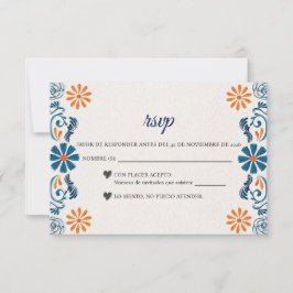 Blue Orange Floral Elegant Fiesta Spanish Wedding RSVP Karte