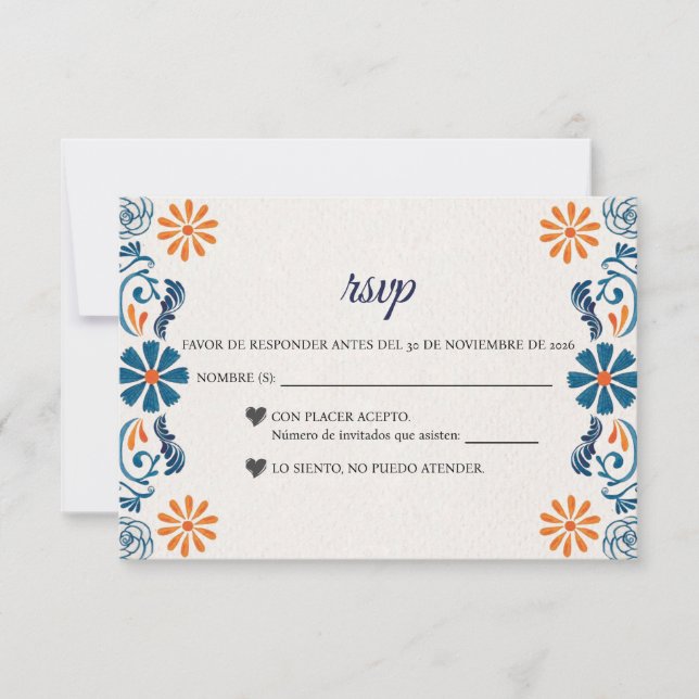 Blue Orange Floral Elegant Fiesta Spanish Wedding RSVP Karte (Vorderseite)