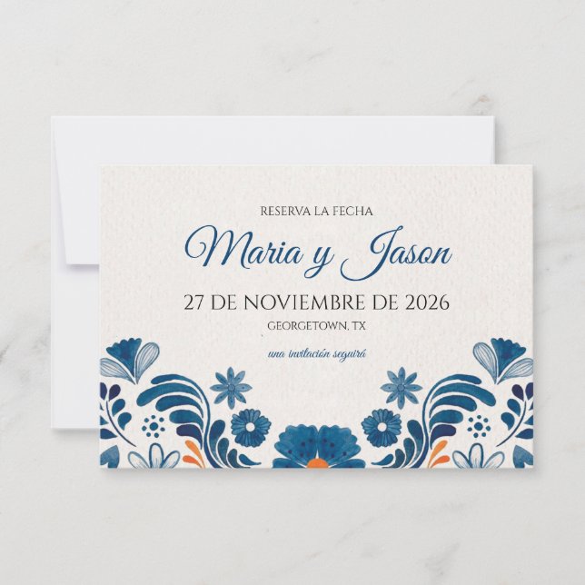 Blue Orange Floral Elegant Fiesta Spanish Wedding Save The Date (Vorderseite)