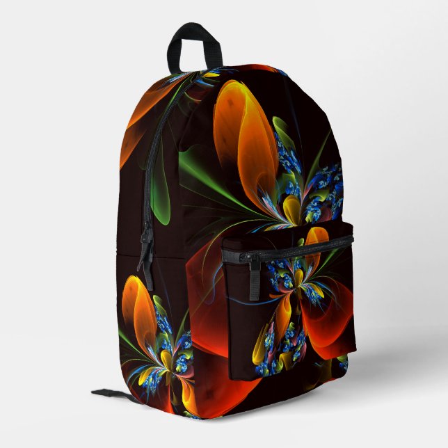 Blue Orange Floral Modernes Abstraktes Kunstmuster Bedruckter Rucksack (Rückseitige Ecke links)