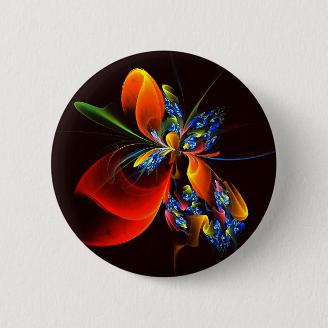 Blue Orange Floral Modernes Abstraktes Kunstmuster Button (Vorderseite)