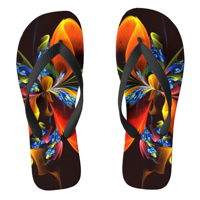 Blue Orange Floral Modernes Abstraktes Kunstmuster Flip Flops (Fußbett)