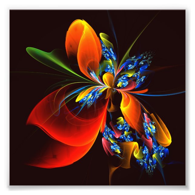 Blue Orange Floral Modernes Abstraktes Kunstmuster Fotodruck (Vorne)