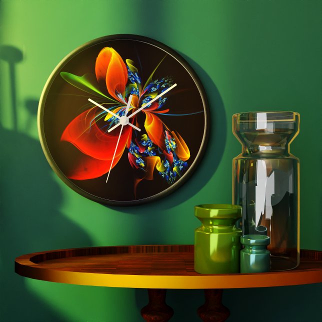 Blue Orange Floral Modernes Abstraktes Kunstmuster Große Wanduhr (Blue Orange Floral Modern Abstract Art Pattern #03 Clock)