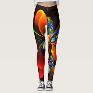 Blue Orange Floral Modernes Abstraktes Kunstmuster Leggings