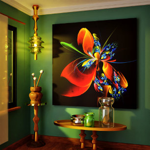 Blue Orange Floral Modernes Abstraktes Kunstmuster Leinwanddruck