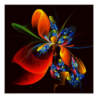 Blue Orange Floral Modernes Abstraktes Kunstmuster Poster