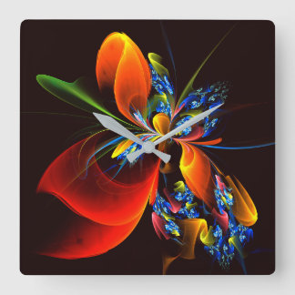 Blue Orange Floral Modernes Abstraktes Kunstmuster Quadratische Wanduhr