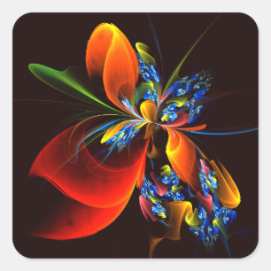 Blue Orange Floral Modernes Abstraktes Kunstmuster Quadratischer Aufkleber