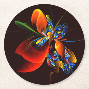 Blue Orange Floral Modernes Abstraktes Kunstmuster Runder Pappuntersetzer