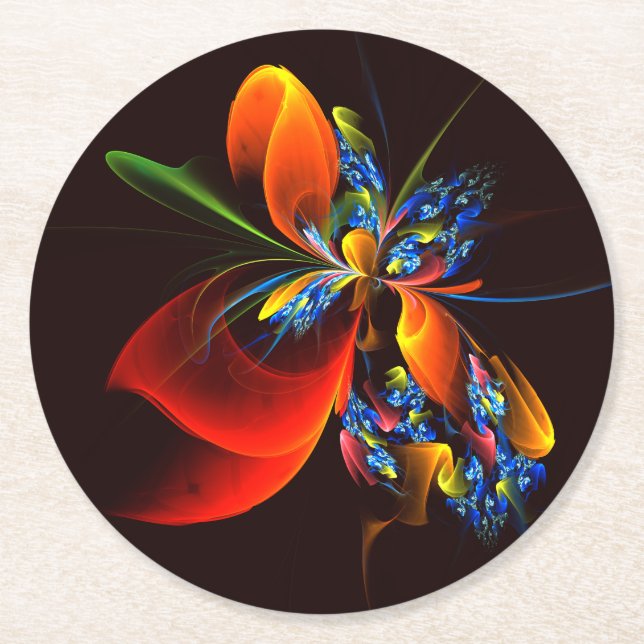 Blue Orange Floral Modernes Abstraktes Kunstmuster Runder Pappuntersetzer (Vorderseite)