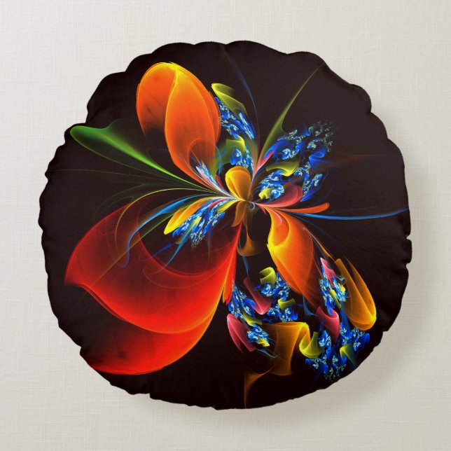 Blue Orange Floral Modernes Abstraktes Kunstmuster Rundes Kissen (Vorderseite)
