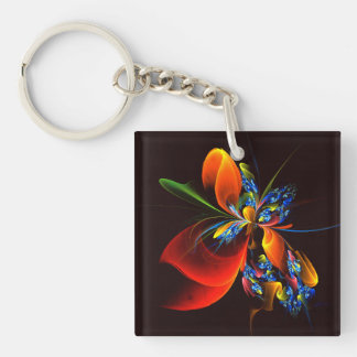 Blue Orange Floral Modernes Abstraktes Kunstmuster Schlüsselanhänger