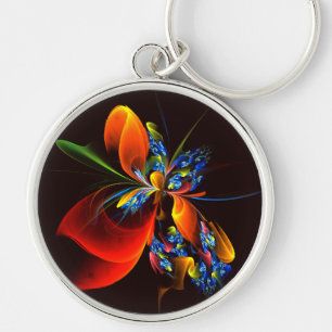 Blue Orange Floral Modernes Abstraktes Kunstmuster Schlüsselanhänger