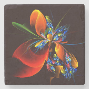 Blue Orange Floral Modernes Abstraktes Kunstmuster Steinuntersetzer