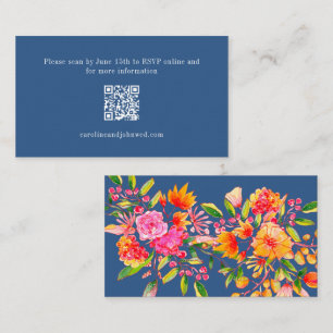Blue Orange Floral Wedding RSVP Online QR Code Begleitkarte