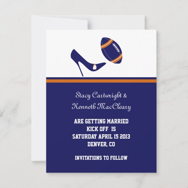 Blue & Orange Football Wedding retten das Datum Save The Date (Vorderseite)