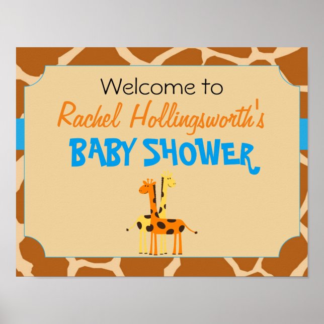 Blue & Orange Giraffe Baby Dusche Willkommenspende Poster (Vorne)