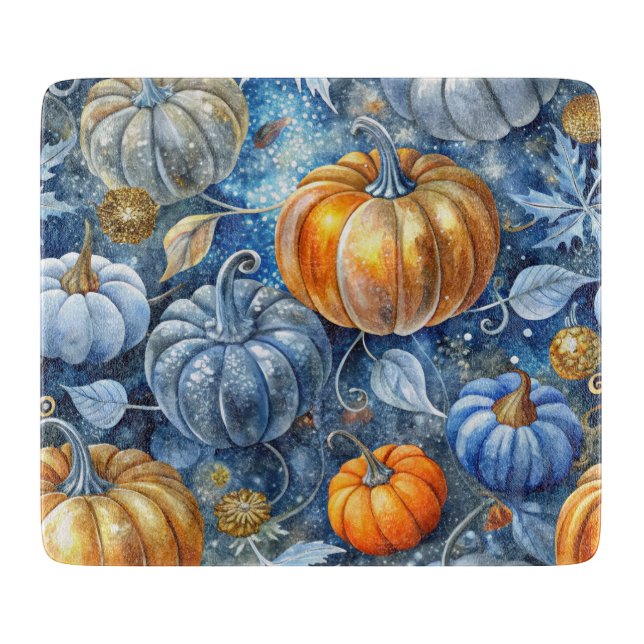 BLUE & ORANGE GLITZER SEHEN FALL PUMPKINS. SCHNEIDEBRETT (Vorderseite)