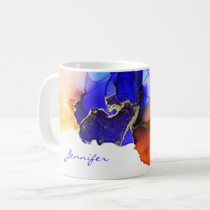 Blue Orange Gold Abstrakte Alkoholfarbe Name Kaffeetasse