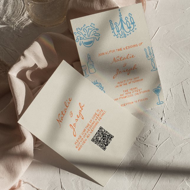 Blue Orange Hand Drawn Whimsical QR Code Wedding Einladung (Von Creator hochgeladen)