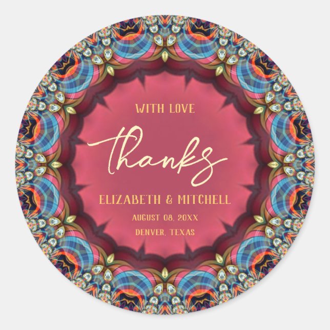 Blue Orange Jewel Fraktal Lace Danke Runder Aufkleber (Vorderseite)