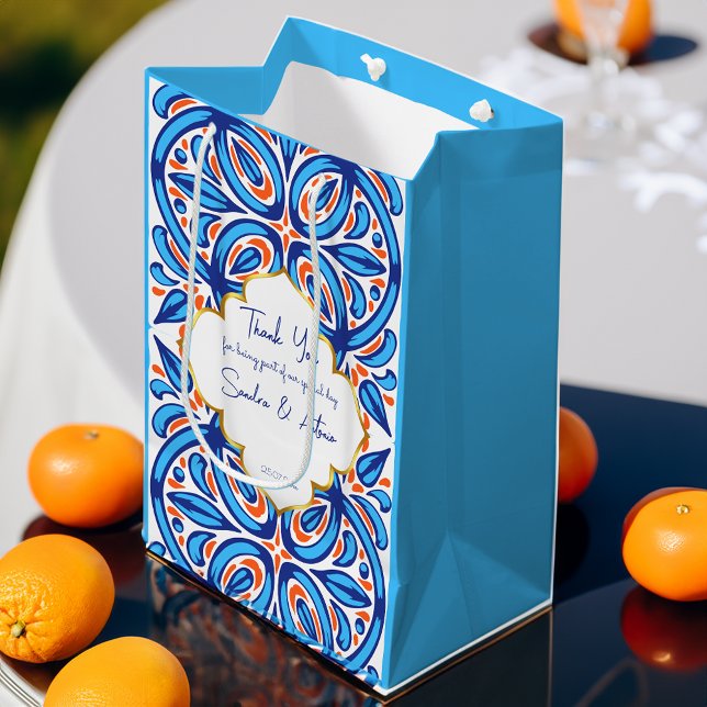 Blue Orange Majolica Fliesen personalisiert zu Gun Mittlere Geschenktüte (Blue orange Majolica tiles personalized favor Medium Gift Bag mediterranean themed favor bag)