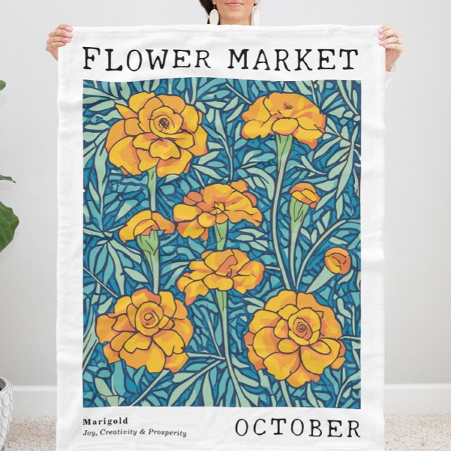 Blue & Orange Marigold Oktober Birth Blume Market Fleecedecke (Personalized October Birth Flower Market Print Fleece Blanket, Customizable Marigold Floral Blanket)
