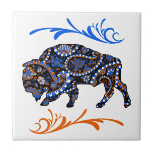 Blue Orange Mosaic Bison Art Fliese