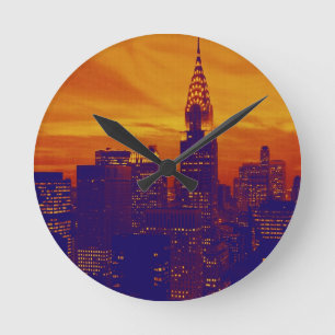 Blue Orange Pop Art New York City Runde Wanduhr