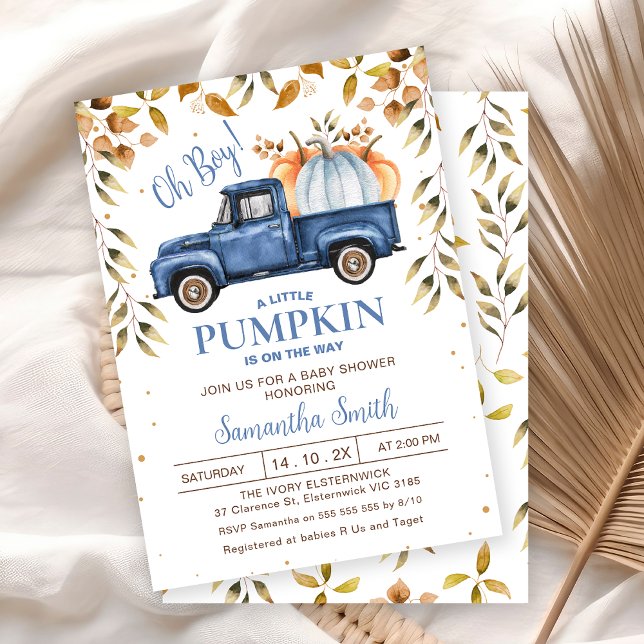 Blue Orange Pumpkin Truck Foliage Baby Dusche Einladung (Editable Blue Little Pumpkin Truck Baby Shower Invitation, Fall Baby Shower Invite Boy, Editable)