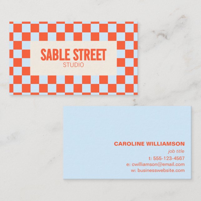 Blue Orange Retro Checkerboard Bold Creative Brand Visitenkarte (Vorne/Hinten)