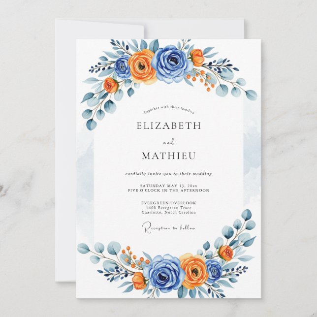 Blue Orange Romantic Bloom Wedding Einladung (Vorderseite)