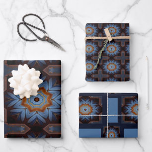 Blue Orange Rustic Star Pattern Geschenkpapier Set