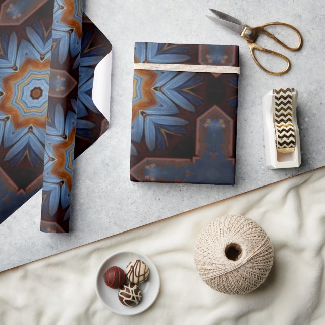 Blue Orange Rustic Star Pattern No1 Geschenkpapier (Kunsthandwerk)