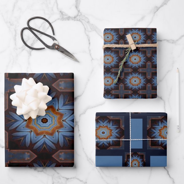 Blue Orange Rustic Star Pattern No1 Geschenkpapier Set (Vorderseite)