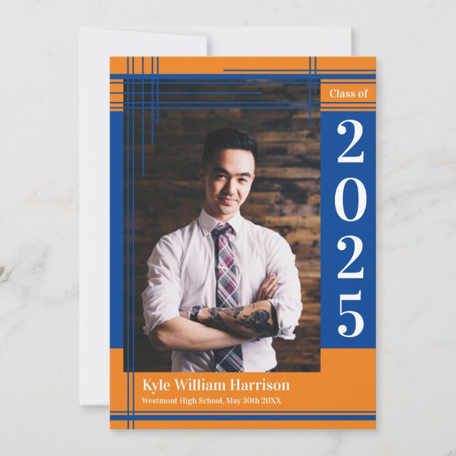 Blue Orange School Colour Abschluss Foto Kariert Einladung (Vorderseite)