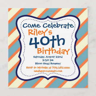 Blue Orange Striped 40. Geburtstag Party Einladung