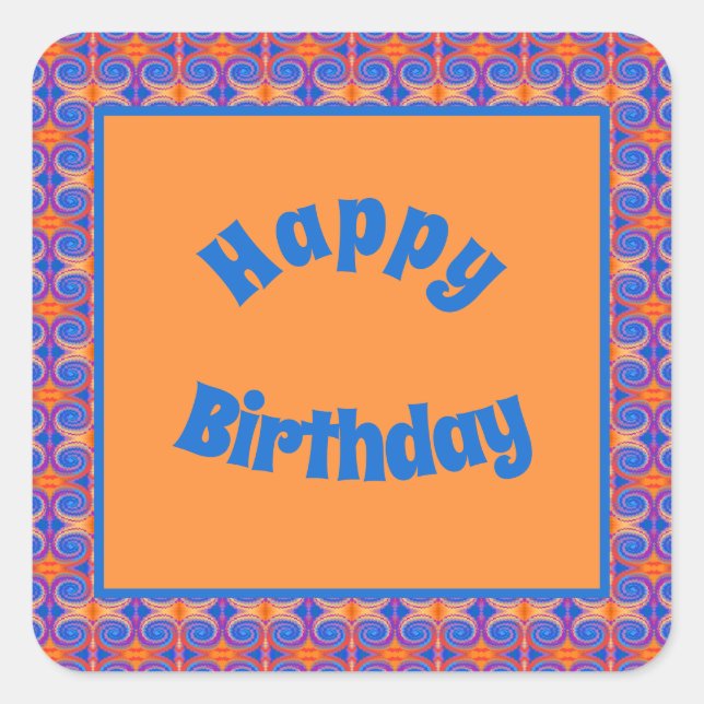 Blue Orange Swirl Muster Happy Birthday Quadratischer Aufkleber (Vorderseite)