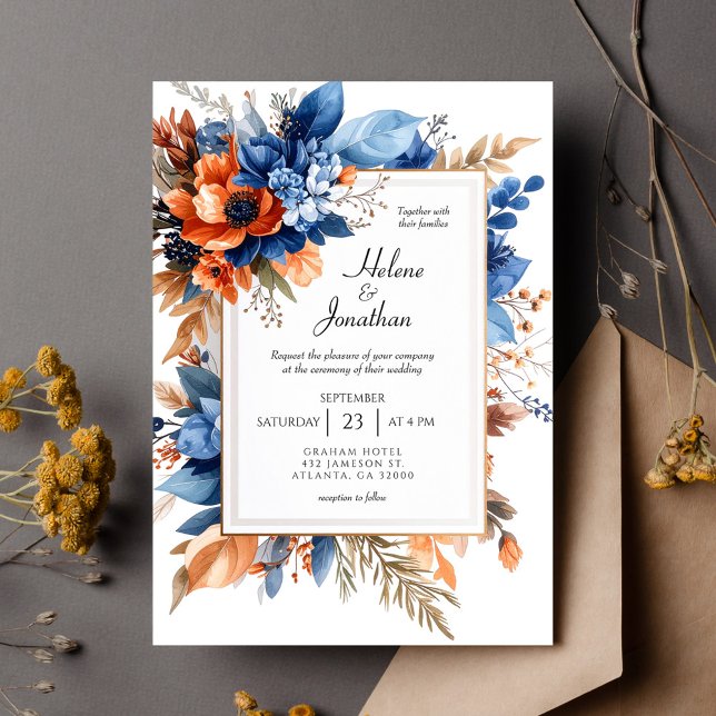 Blue Orange Terracotta Floral Boho Elegant Wedding Einladung (Blue Orange Terracotta Floral Boho Elegant Wedding Invitation)