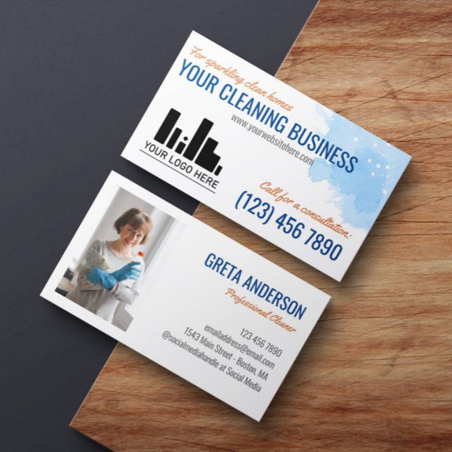 Blue Orange Wasserfarbe Ihr Logo-Reinigungsservice Visitenkarte (Von Creator hochgeladen)