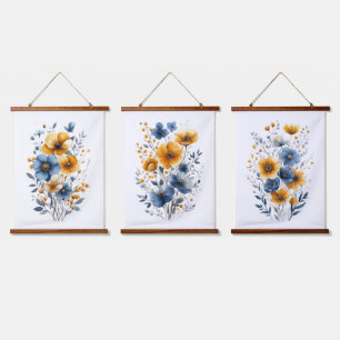 Blue Orange Watercolor Florals Boho Wandteppich Mit Holzrahmen