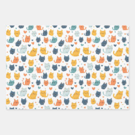 Blue Orange Yellow Cute Cats Baby Shower Birthday Geschenkpapier Set