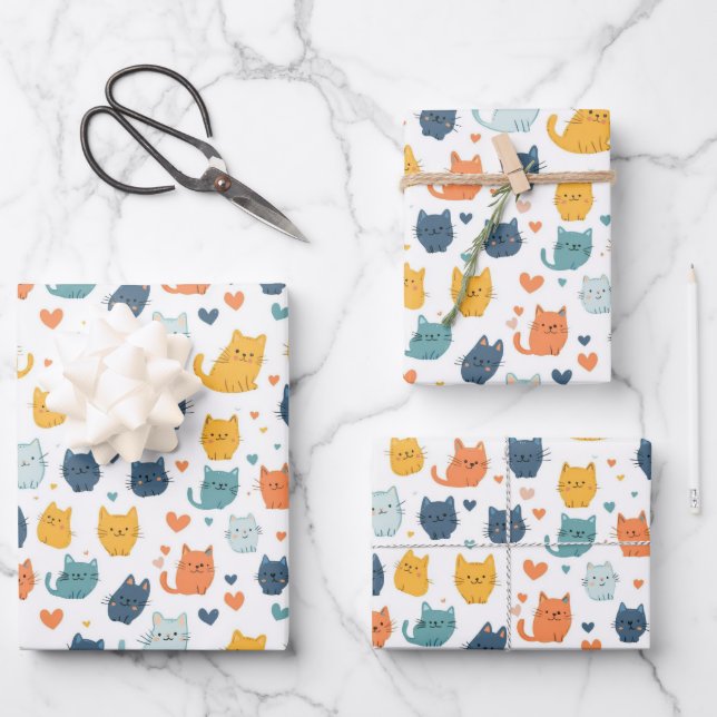 Blue Orange Yellow Cute Cats Baby Shower Birthday Geschenkpapier Set (Vorderseite)