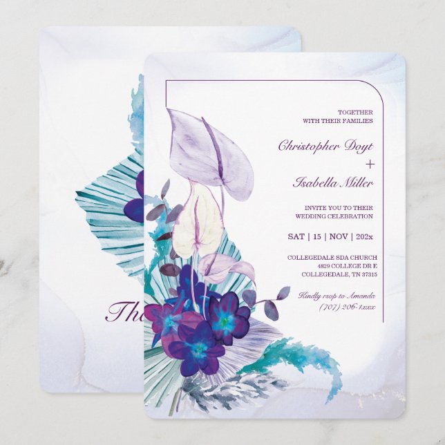 Blue Orchid und Calla Lily Wedding Einladung (Vorne/Hinten)