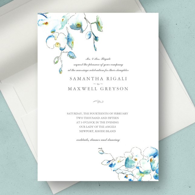 Blue Orchid Watercolor Blume Hochzeit Einladung (hand drawn wedding invitations features watercolor blue flowers with line art. )
