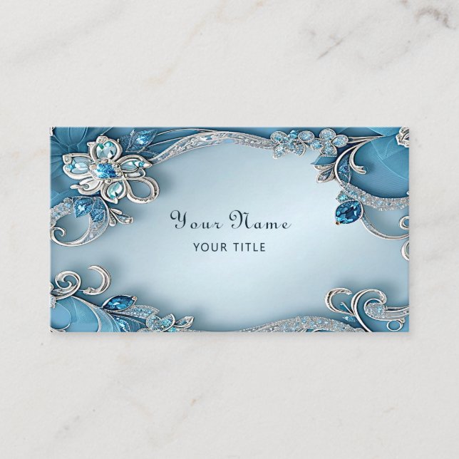 Blue Ornate Floral Business Card Visitenkarte (Vorderseite)